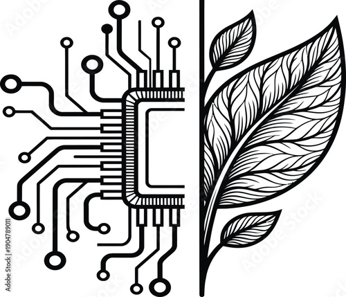 Central processing unit chip design merging with natural leaf veins showing digital and organic relationship