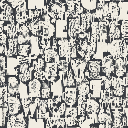 Abstract vector seamless pattern with font consisting of geometric shapes with texture, shells on marine theme. Fabric, textile, t-shirt design, tiles, wallpaper, wrapping paper.