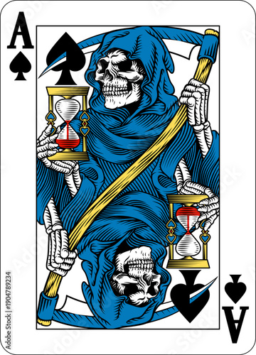 An ace of spades playing card design featuring the grim reaper or death in a vintage retro woodcut style