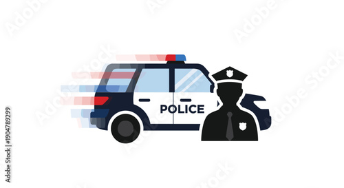 Dynamic illustration of a speeding police car with motion blur, accompanied by a sharp silhouette of a police officer,