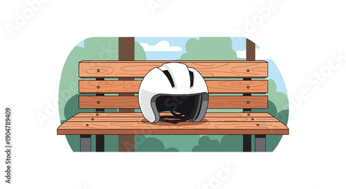 A clean white bicycle helmet thoughtfully placed on a rustic wooden park bench, suggesting a leisurely break during an