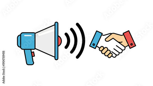 Megaphone Announcing Agreement: Business Communication, Marketing Outreach, and Partnership Handshake Icon