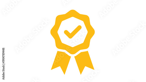 Gold Quality Guarantee Badge Icon with Checkmark. Premium Certified Award Ribbon Vector Symbol for Approval, Excellence, and Best Choice Seal.