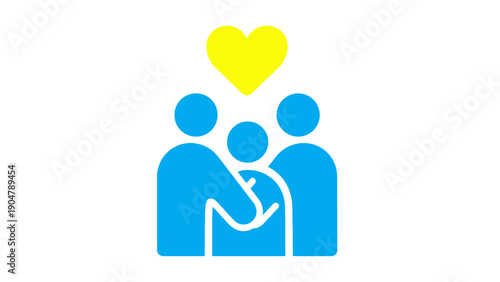 Family Support Icon with Yellow Heart. Blue figures embracing symbolizing Solidarity, Adoption, Love, and Care. Ukraine Humanitarian Symbol.