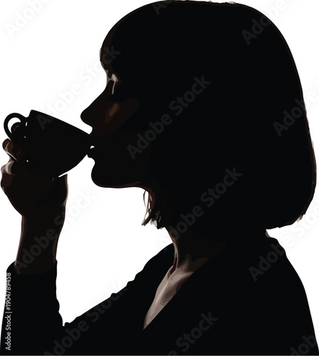 Woman's profile silhouette is captured while delicately drinking from a small warm beverage cup in darkness.