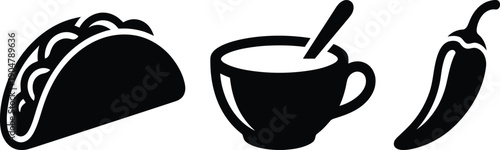 Black silhouette icons of mexican taco cup with spoon and chili pepper isolated on transparent grid background