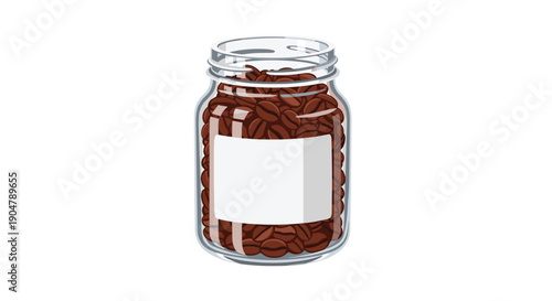 Open glass jar filled with roasted coffee beans, featuring a blank white label, ideal for branding or personalized