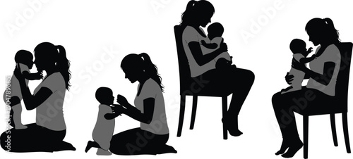 Mother and baby silhouette moments, nurturing care, maternal love, parenting scenes, bonding lifestyle, childcare concept, minimal black vector illustration design
