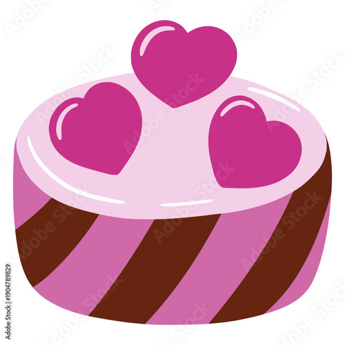 A charming dessert with a heart-shaped decoration and a flirty aesthetic. The retro-style pastry shop illustration features creamy layers and a whimsical Valentine's Day clip art style.