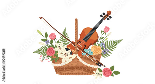 Elegant wicker basket overflowing with a classic violin, its bow, and a vibrant assortment of fresh garden flowers and