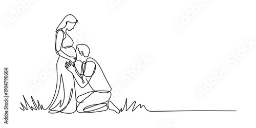 A continuous line art illustration of a loving couple anticipating their new baby. Vector, illustration