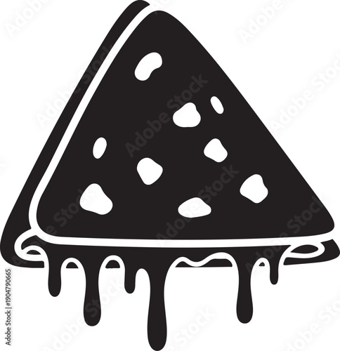 A black slice of melted chocolate cheesecake with white spots on a white background