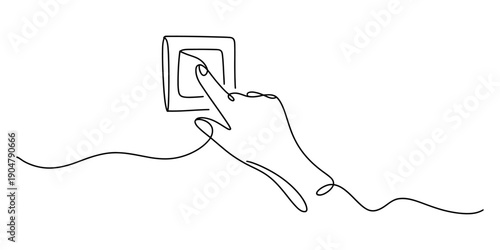 A single continuous line drawing of a human hand pressing a square light switch button on a wall Vector, illustration