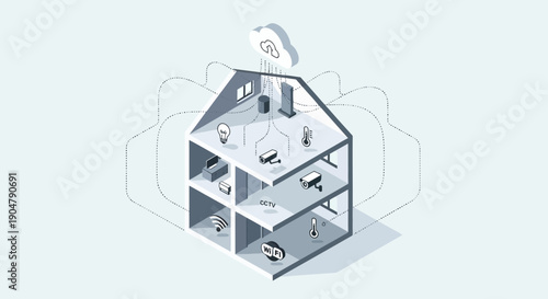 Isometric Smart Home Illustration with Connected Devices and Cloud Technology.