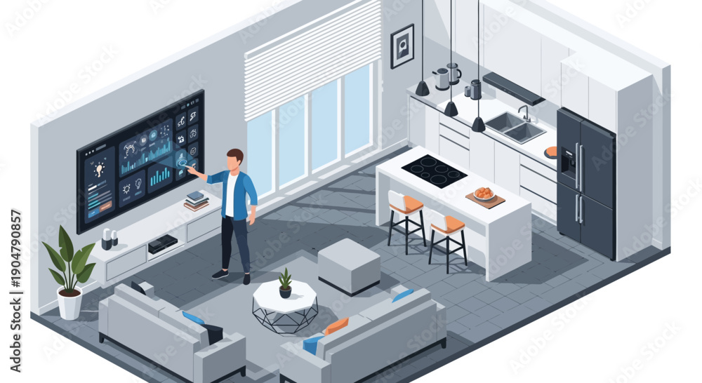 Obraz premium Smart Home Automation Man Interacting with Intelligent System Interface.