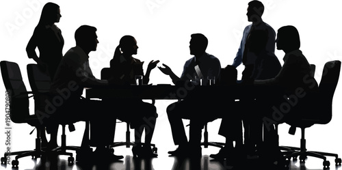 Business team members gather in silhouette around a conference table for a serious corporate discussion session.