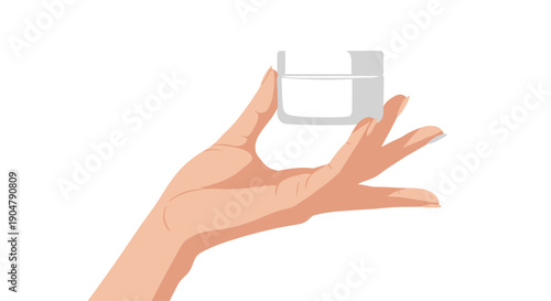 Delicate hand gracefully holding a small, minimalist square white cosmetic jar with a matching lid, showcasing a beauty