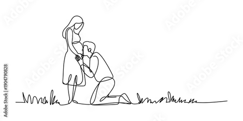 Minimalist continuous line drawing depicting a loving moment between a father and a pregnant mother. Vector, illustration