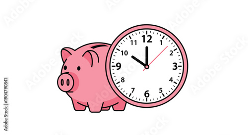 Charming pink piggy bank positioned alongside a classic analog clock, symbolizing the concept of saving time and money.