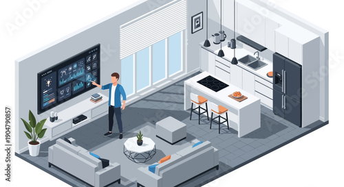 Smart Home Automation Man Interacting with Intelligent System Interface.