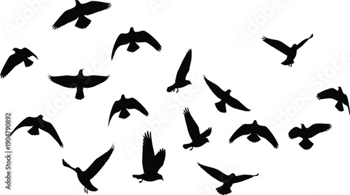 Black flying birds silhouette vector collection featuring flock of pigeons or crows in flight for sky background and nature designs