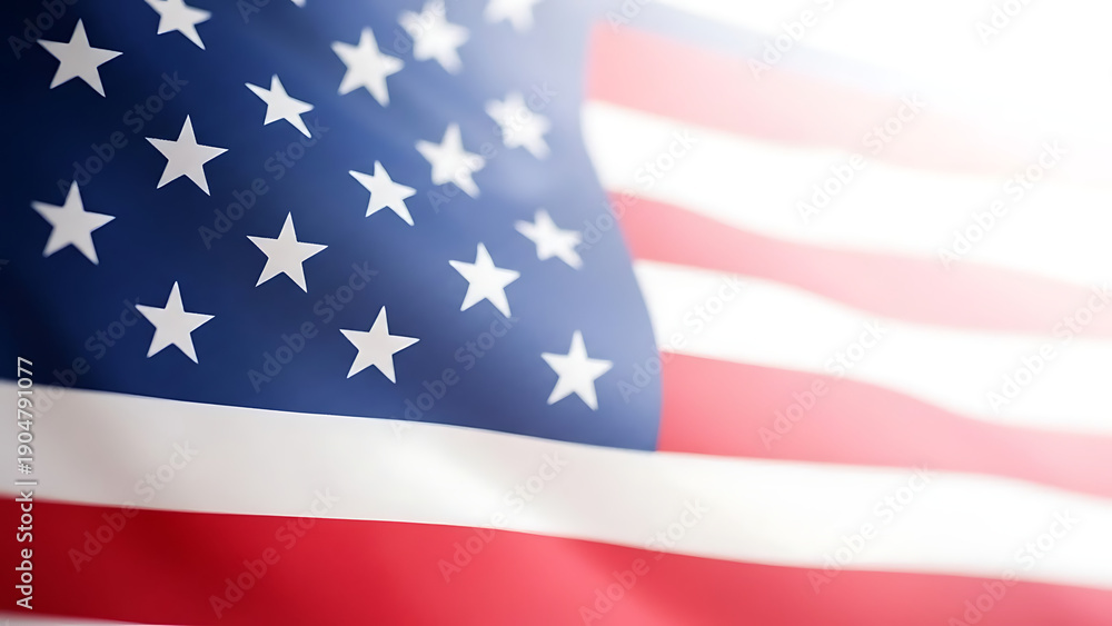 Obraz premium American flag waving in the wind with bright sunlight