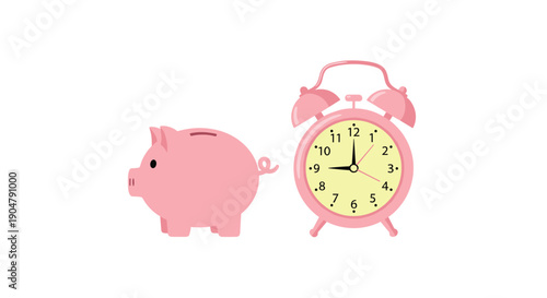 Whimsical pink piggy bank placed next to a vintage pink alarm clock, representing the importance of timely financial