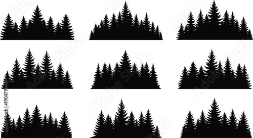 Black forest tree silhouette collection, coniferous pine spruce and deciduous oak woodland set, botanical nature vector for landscape design elements,