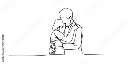 A beautiful minimalist continuous line drawing depicting a loving couple in a tight, heartfelt embrace against a simple white background Vector, illustration