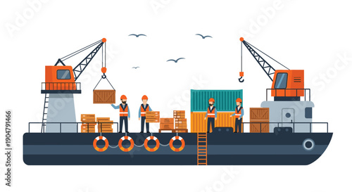 Bustling port scene depicting dockworkers diligently loading and unloading cargo containers and wooden crates from a