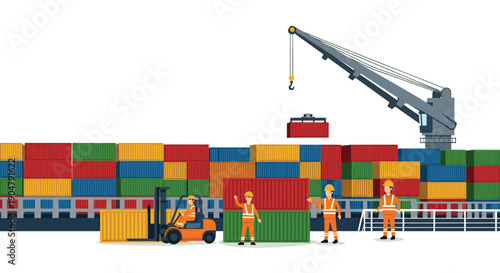 Busy industrial port scene with active dockworkers and a forklift loading vibrant shipping containers onto a large