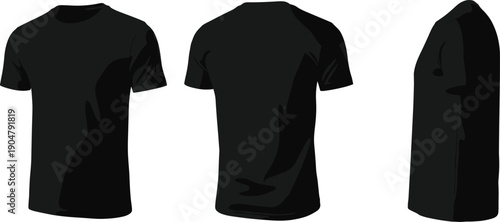 Blank Black T-shirt Mockup Set Showing Front Back and Side Views for Apparel Design Fashion Branding and Custom Streetwear Clothing Templates