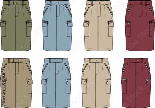 Knee-length cargo skirts in multiple colors with zipper pockets, belt loops, and flap details for fashion design reference