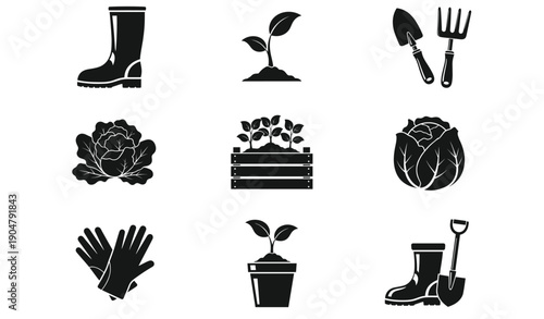 Gardening Silhouette Icon Set with Plants Tools Boots Gloves and Vegetable Growth Symbols for Outdoor Yard and Agriculture Designs