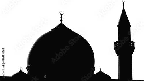 Dome and minaret of an Islamic mosque are presented as a stark black silhouette against a bright sky.