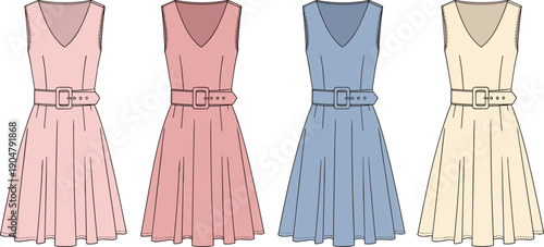 Set of Four Sleeveless V-Neck Pleated Dresses in Pink, Blue, and Cream for Fashion Design, Retail, and Style Concepts