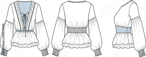 Technical fashion illustration of ruffled hem blouse with deep V-neck tie front, puff sleeves, fitted waist — front, back, side views