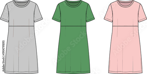 Short-sleeved dresses in gray, green, and pink with seam detailing for fashion design, retail catalog, and garment reference