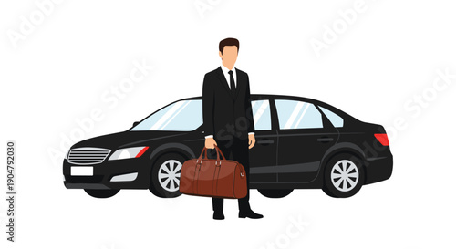 Professional businessman in a sharp black suit holding a duffel bag, standing confidently beside a sleek black luxury