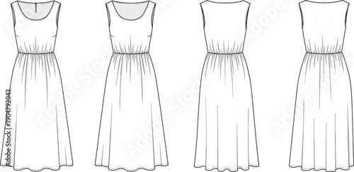 Technical fashion illustration of sleeveless dress with scoop neckline, gathered waist, flared mid-calf skirt — multiple front and back views