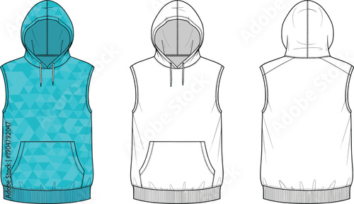 Technical fashion illustration of sleeveless hoodie with kangaroo pocket, drawstring hood, ribbed hem — front and back views