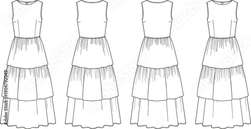 Technical fashion illustration of sleeveless tiered dress with round neckline, gathered seams, zipper back — front and back views