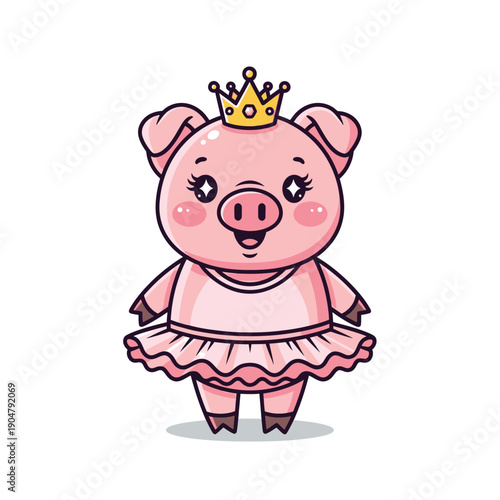 A cheerful pink pig cartoon character wearing a golden crown and pink tutu on a white background with a playful mood.