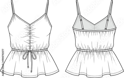 Technical fashion illustration of sleeveless spaghetti strap top with gathered bust, drawstring waist, flared hem — front and back views