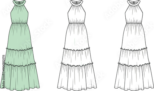 Technical fashion illustration of sleeveless tiered maxi dress with ruffled collar, gathered seams — front and back views