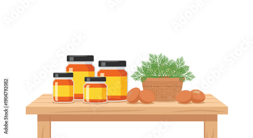Various glass jars with yellow labels, a rustic wicker basket of fresh green herbs, and farm-fresh brown eggs arranged
