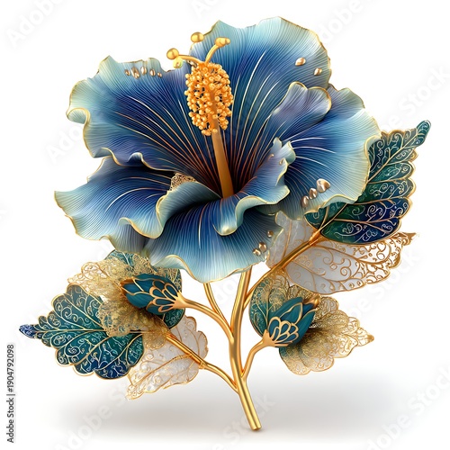 Luxury botanical blue flower golden leaves artwork high resolution picture