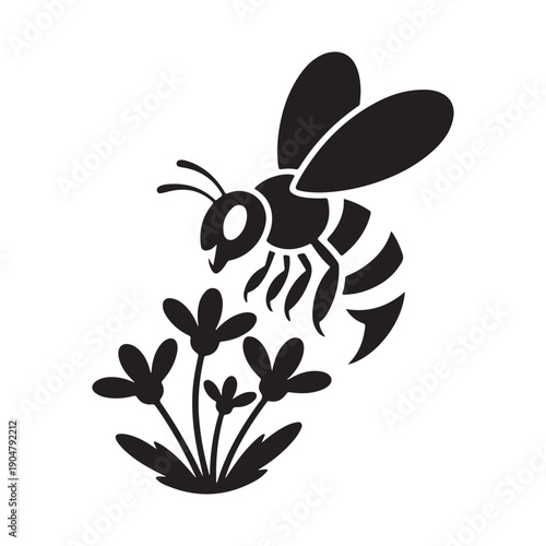 Elegant bee silhouette approaching a cluster of stylized flowers, minimalist vector art for nature-themed designs.