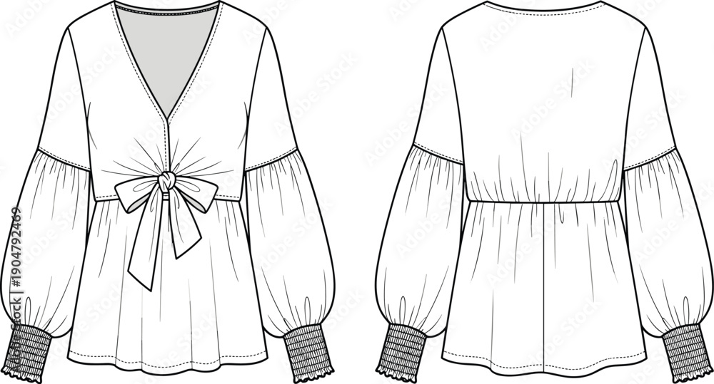 Obraz premium Technical fashion illustration of women's blouse with deep V-neck, bow detail, voluminous sleeves, and gathered waist seam design.