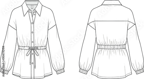 Technical fashion illustration of women's blouse with collar, puff sleeves, drawstring waist, button front, and gathered back yoke.